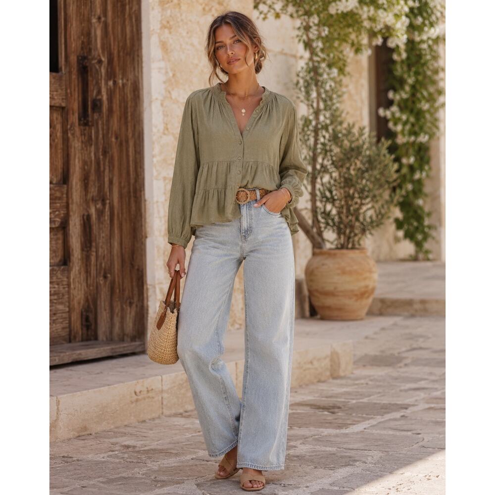 NWT Zara Womens Extra Large 100% Linen Olive Peplum Blouse Coastal Boho